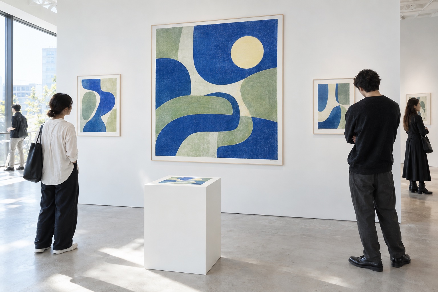 Visitors viewing blue and green prints in a bright Tokyo gallery